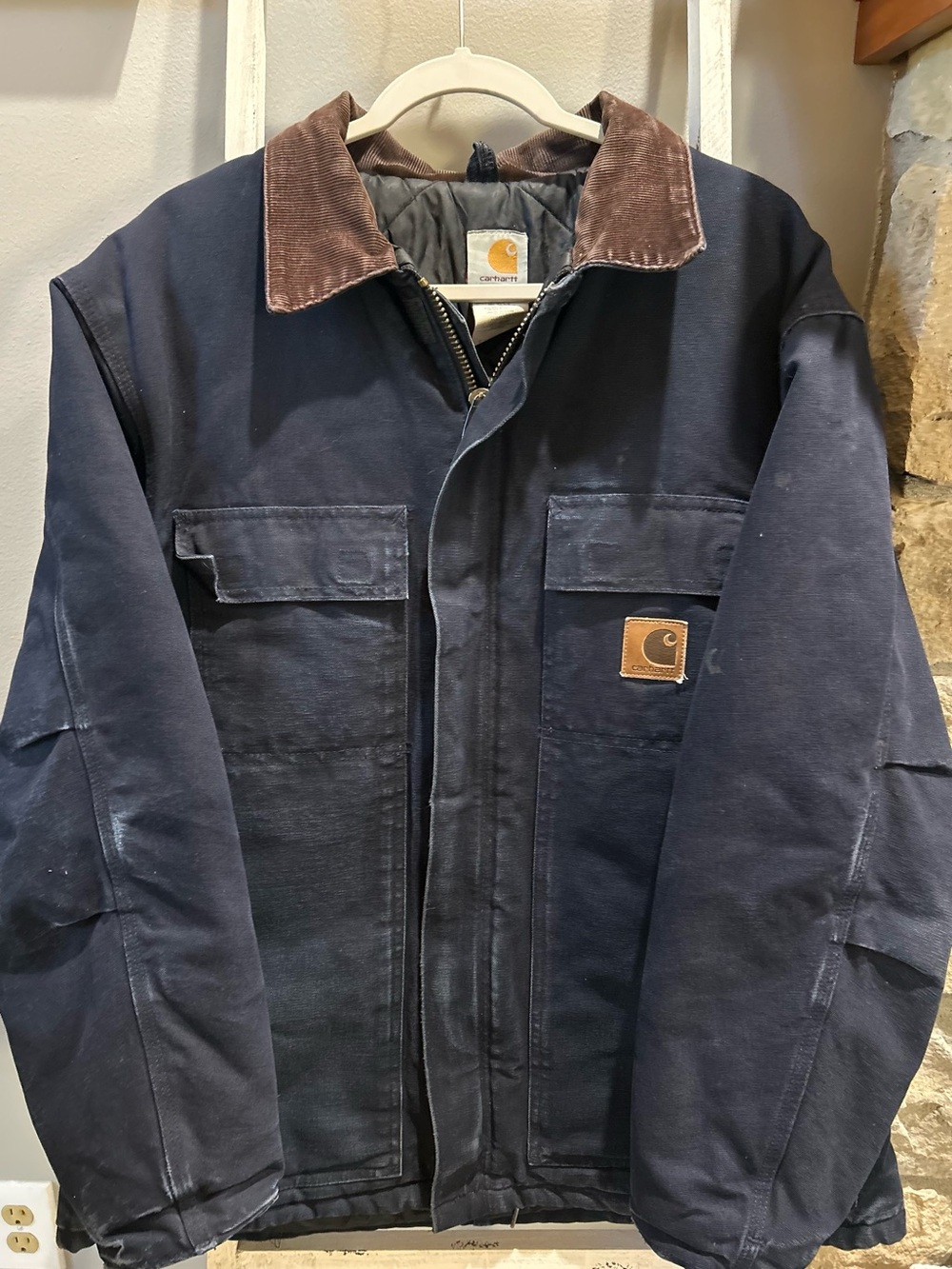 Rare Carhartt Men's Midnight Blue Duck Active Jacket with Brown Corduroy Collar